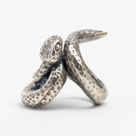 Ring with a water moccasin design in silver, displayed against a white background.
