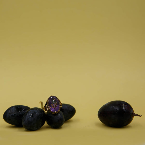 Victorian Amethyst with flower inlay gold ring