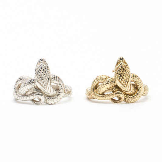 Two rings, one with a silver finish and another with a gold finish, both featuring a design with intertwined bands.